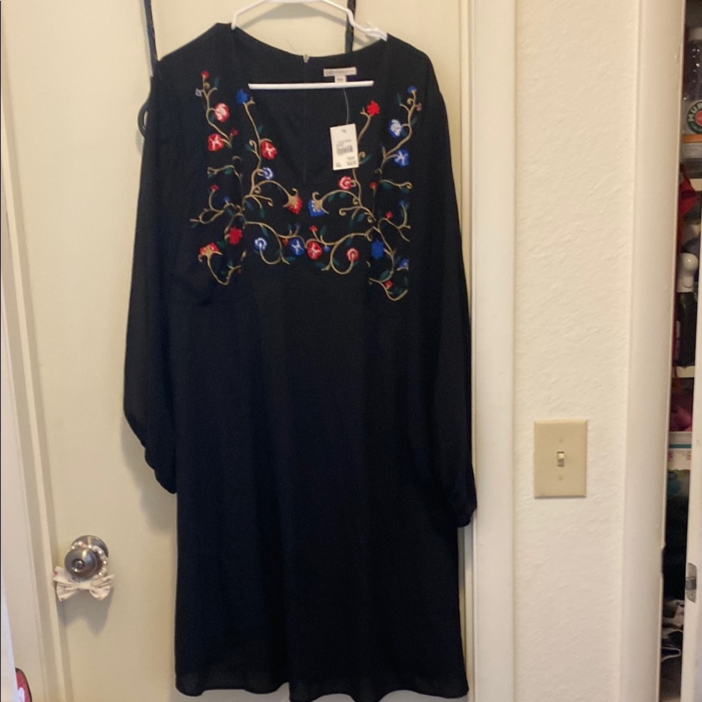 Cato Black Dress with Gold and Green Embroidery